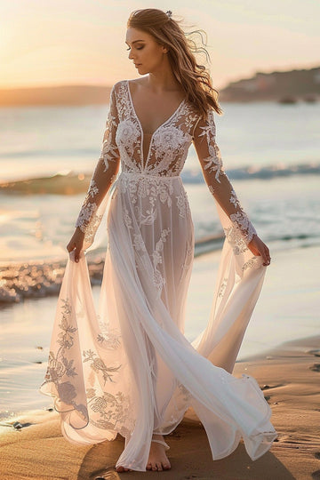 White Tulle Boho Sweep Train Wedding Dress with Appliques